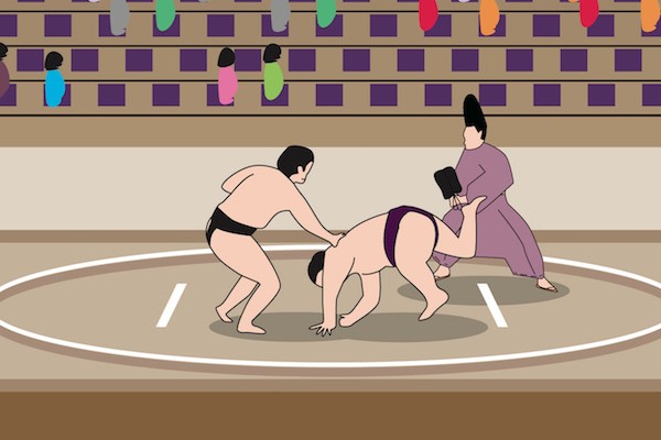 相撲　国技　会場　国技館　観戦　客　力士　突き落とし　土俵　背景